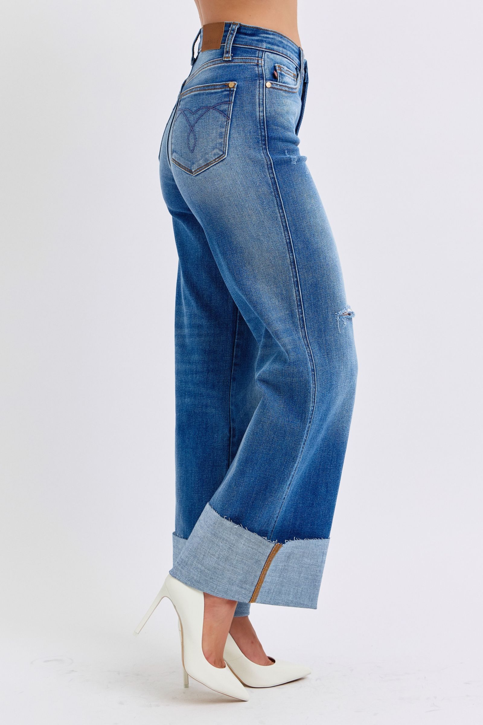 Side view of Elysian Distressed Wide-Leg Denim jeans