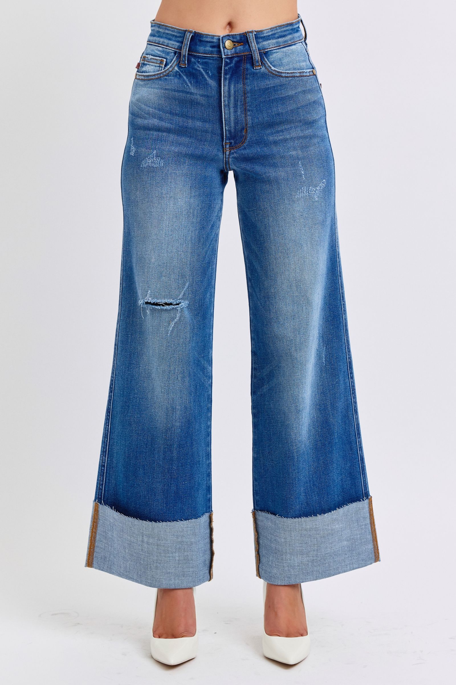 Front view of Elysian Distressed Wide-Leg Denim jeans