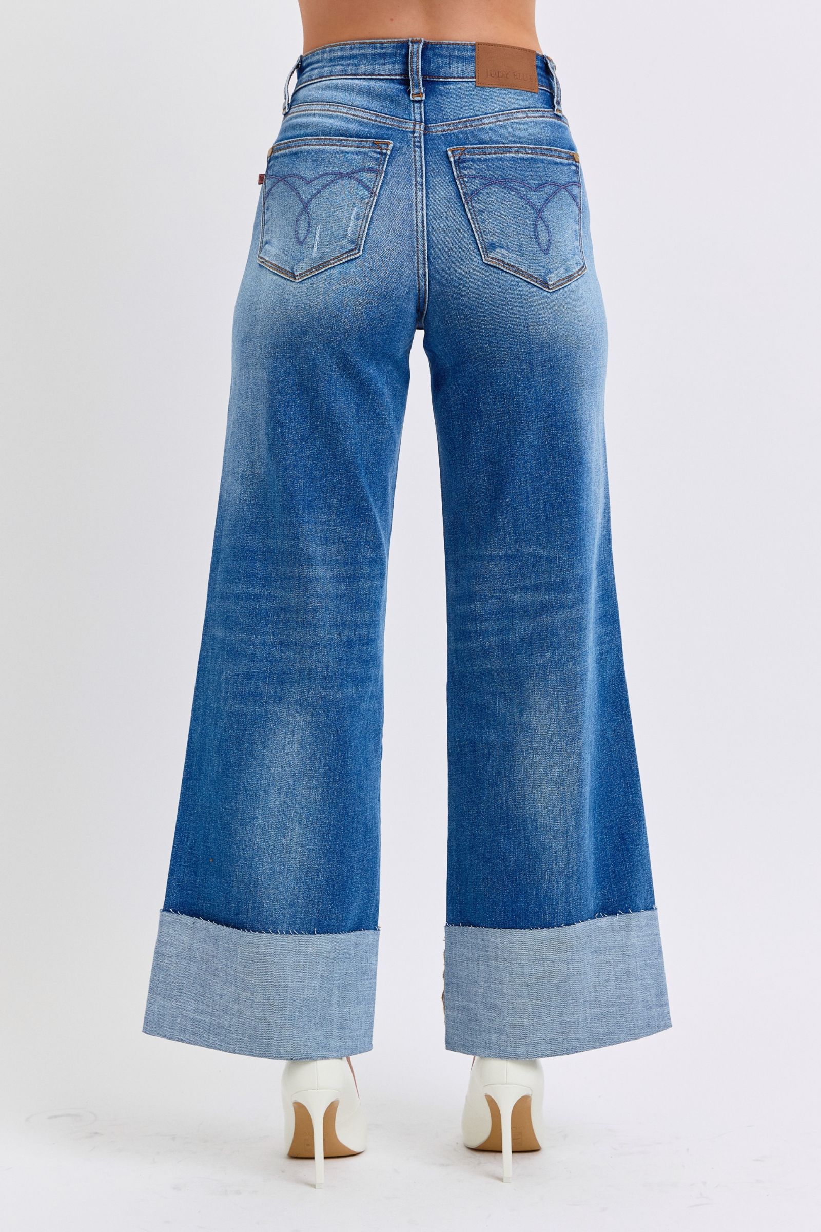 Back view of Elysian Distressed Wide-Leg Denim jeans