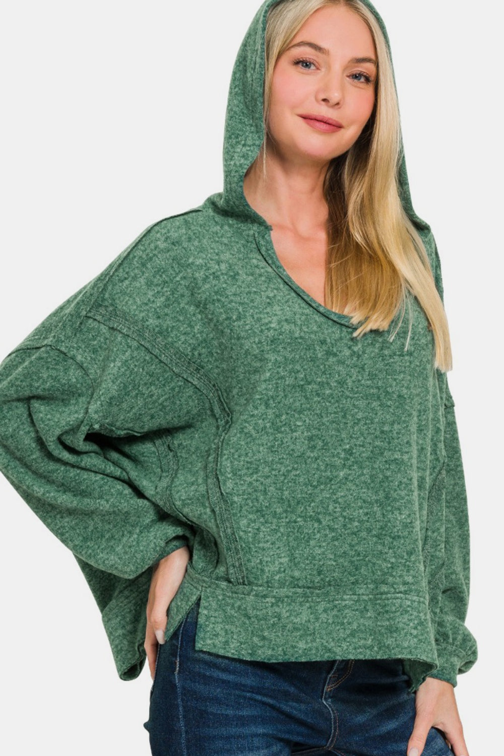 Étoile Luxe Hacci Hoodie in green with balloon sleeves, front view