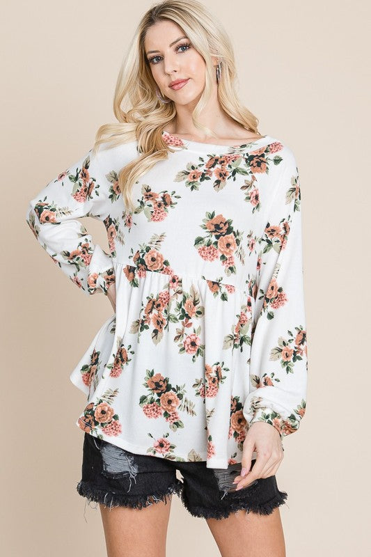 Floral babydoll blouse with bishop sleeves, front view