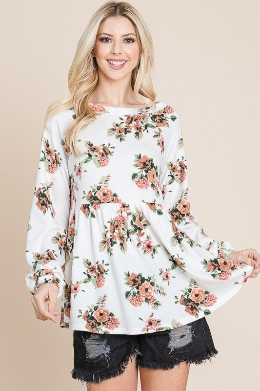 Floral babydoll blouse with bishop sleeves, front view