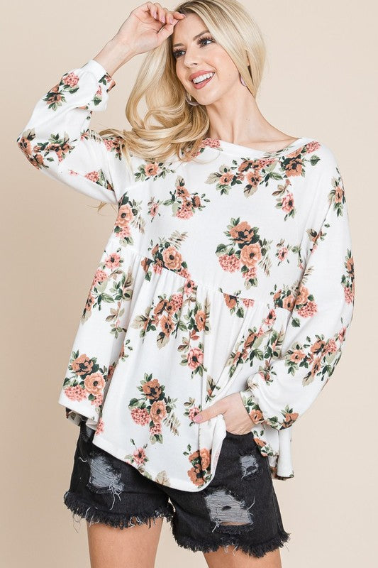 Floral babydoll blouse with bishop sleeves, casual style