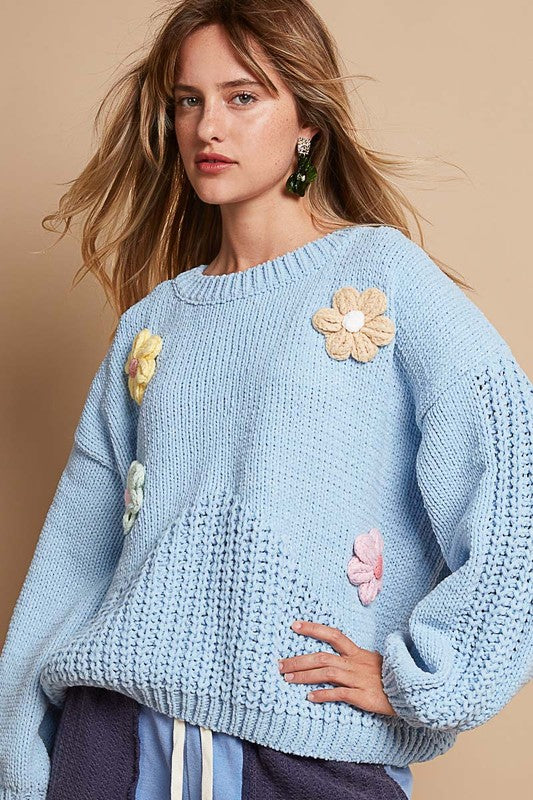 Front angle of Fleur Esprit Crochet Sweater, light blue with flowers