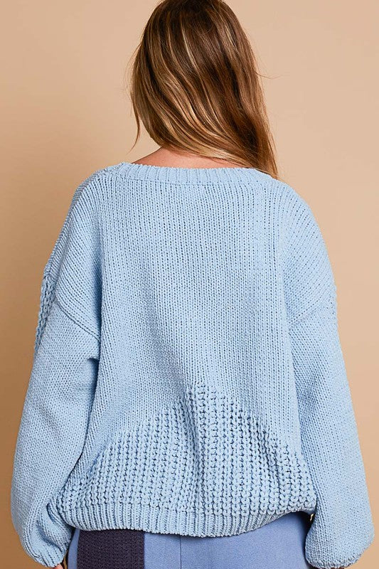 Fleur Esprit Crochet Sweater, back view in light blue