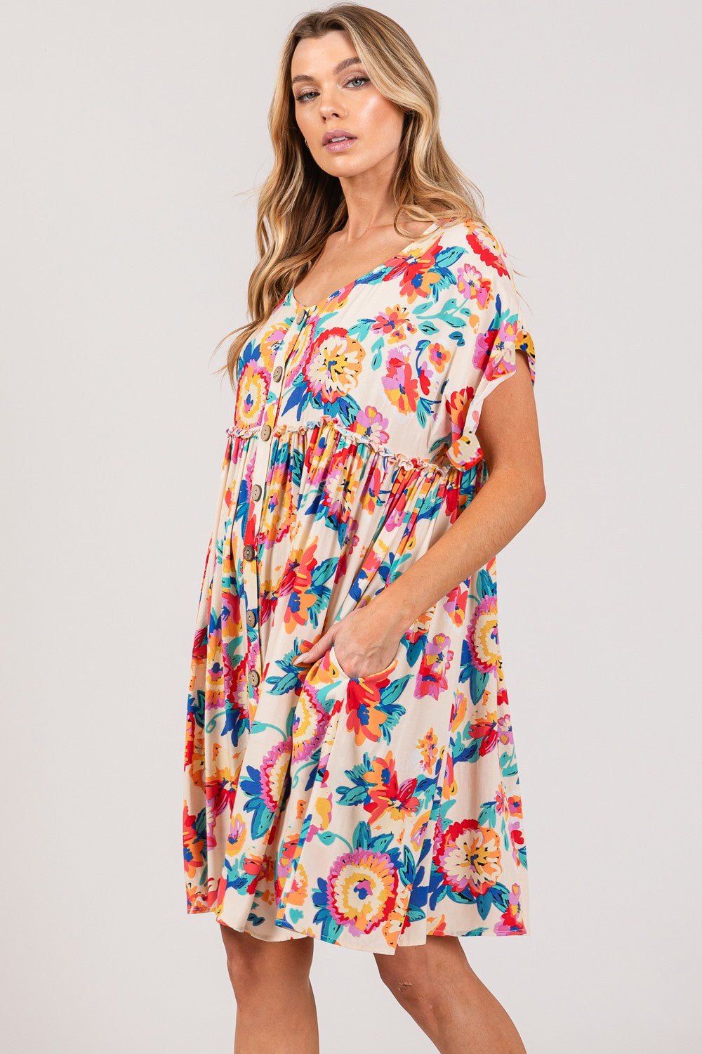 Floral Button-Down Short Sleeve Dress | Dress - CHANELIA