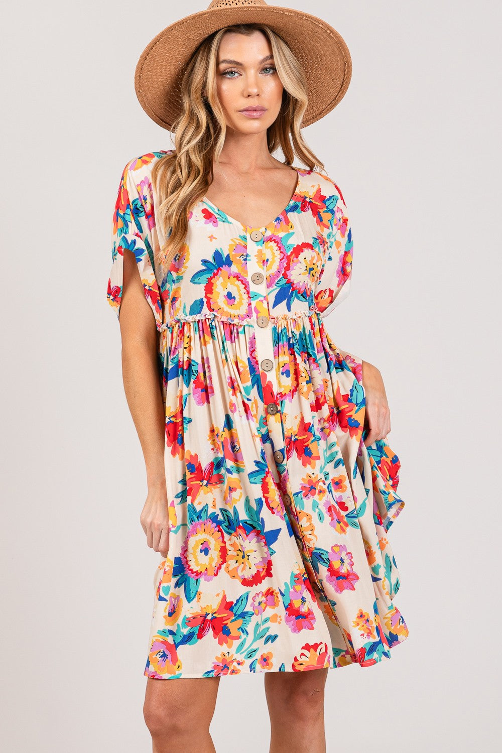 Floral Button-Down Short Sleeve Dress | Dress - CHANELIA