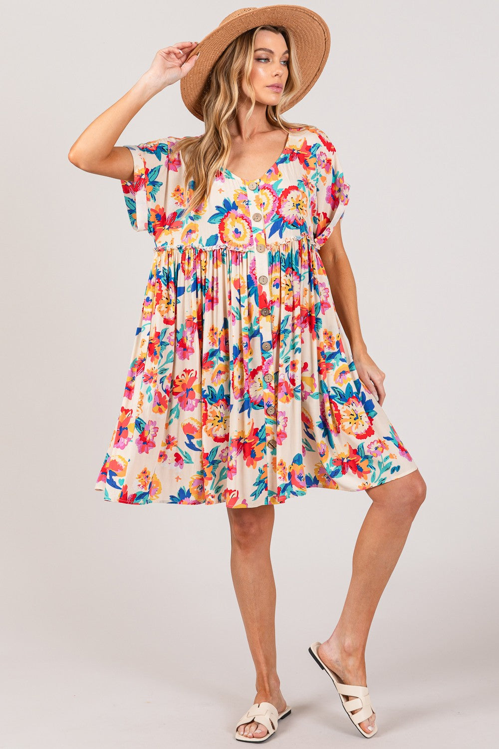 Floral Button-Down Short Sleeve Dress | Dress - CHANELIA