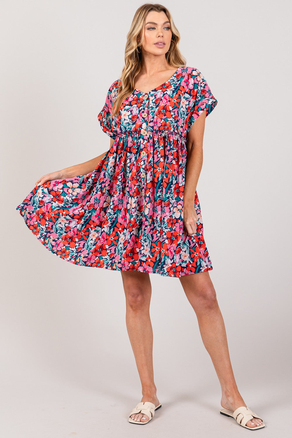 Floral Button Down Short Sleeve Mini Dress | Dress - CHANELIA