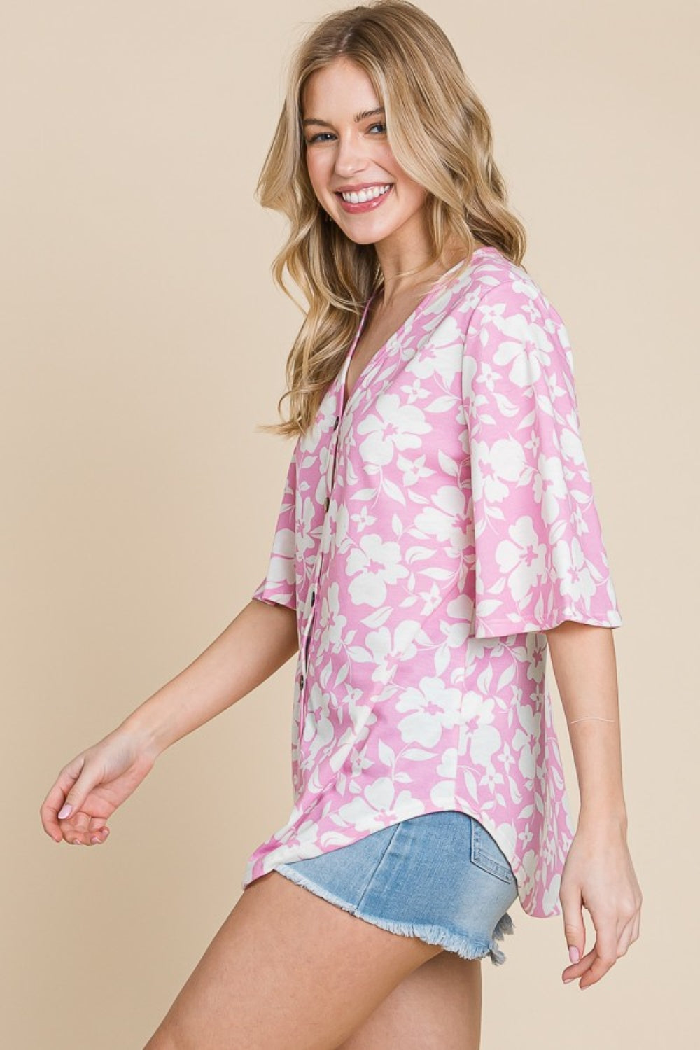 Floral Decorative Button V-Neck Top | Top - CHANELIA