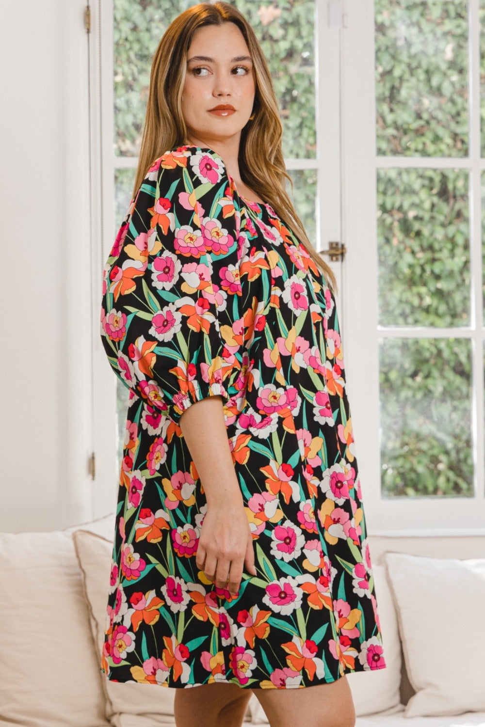 puff sleeve summer dress ODDI Full Size Floral Puff Sleeve Mini Dress Delight, Black Multi / 2XL