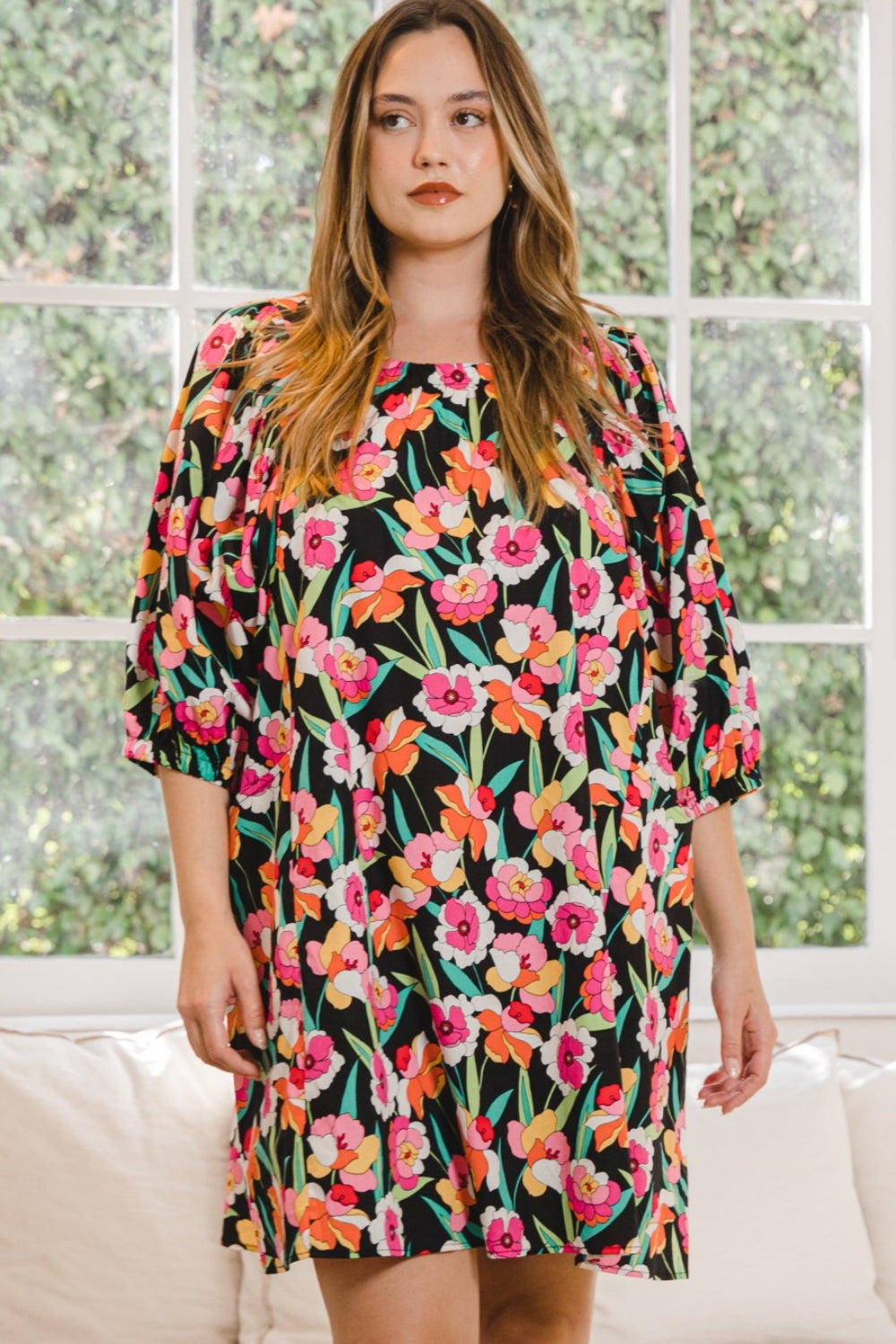 ODDI Full Size Floral Puff Sleeve Mini Dress, Black Multi / 2XL ODDI Full Size Floral Puff Sleeve Mini Dress, Black Multi / 2XL