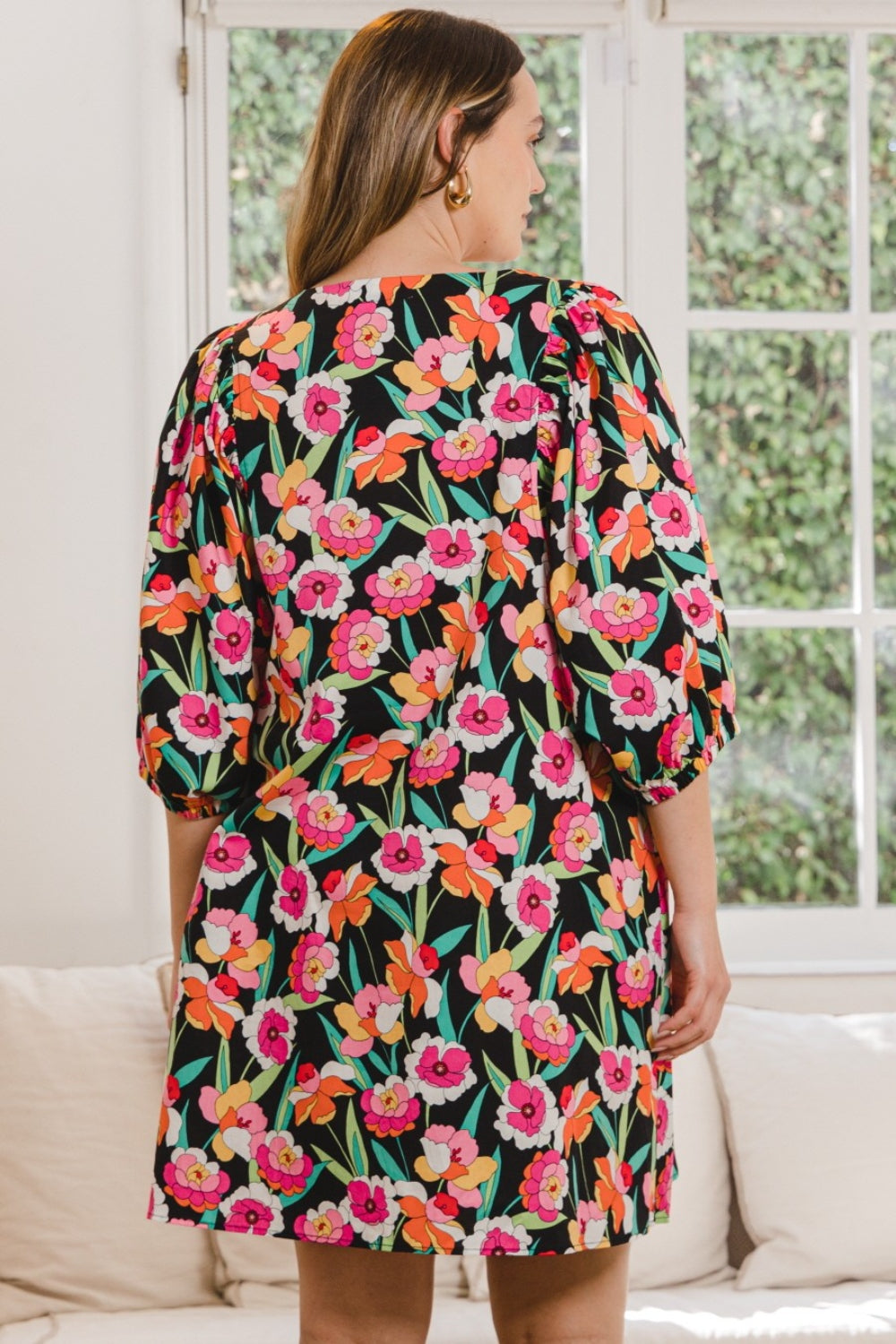 floral summer mini dress ODDI Full Size Floral Puff Sleeve Mini Dress Delight, Black Multi / 2XL