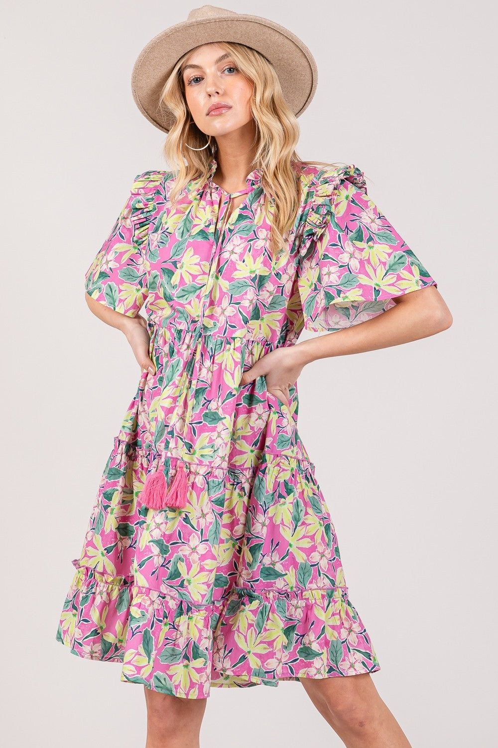 Floral Ruffle Short Sleeve Dress | Dress - CHANELIA