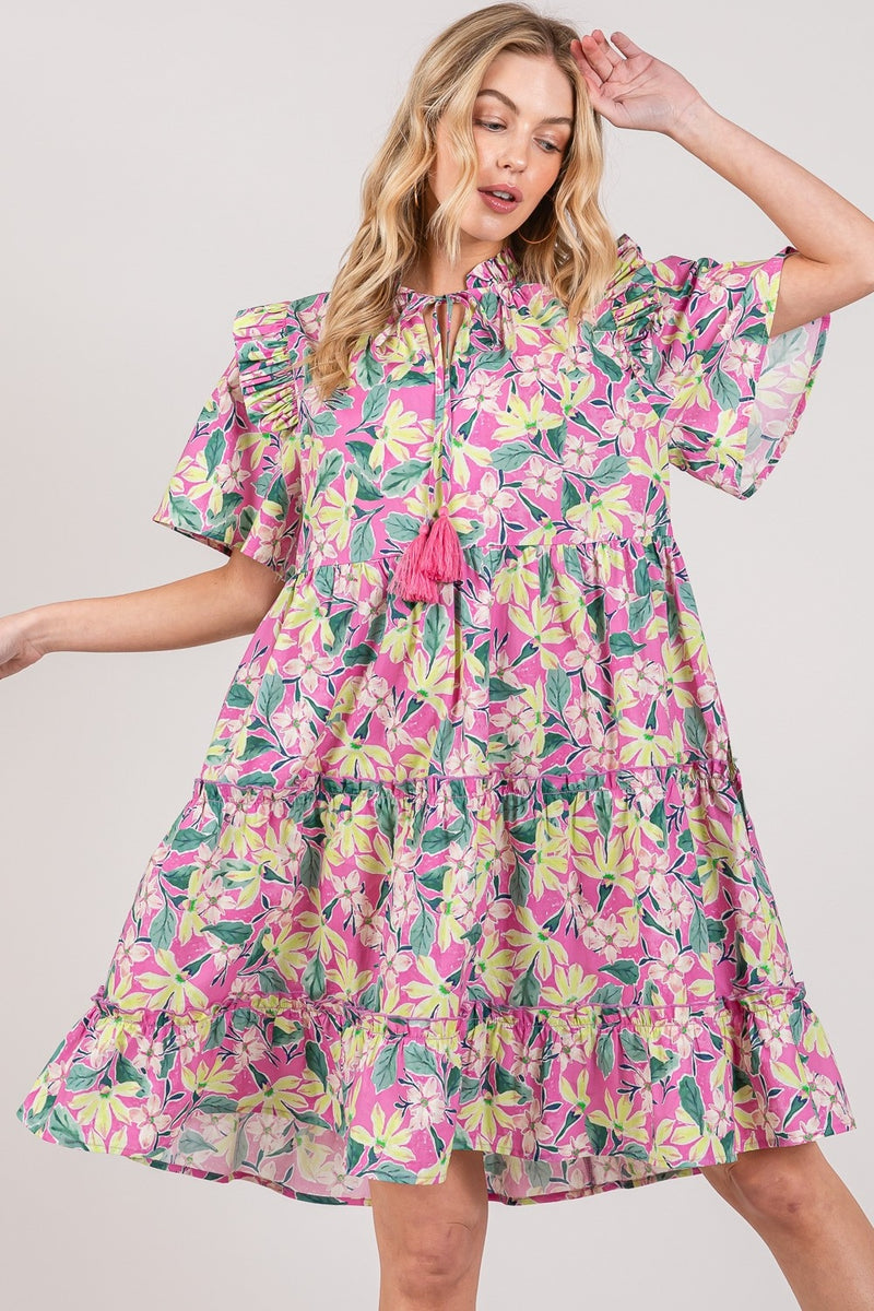 Sage + Fig Floral Ruffle Short Sleeve Dress Pink / L