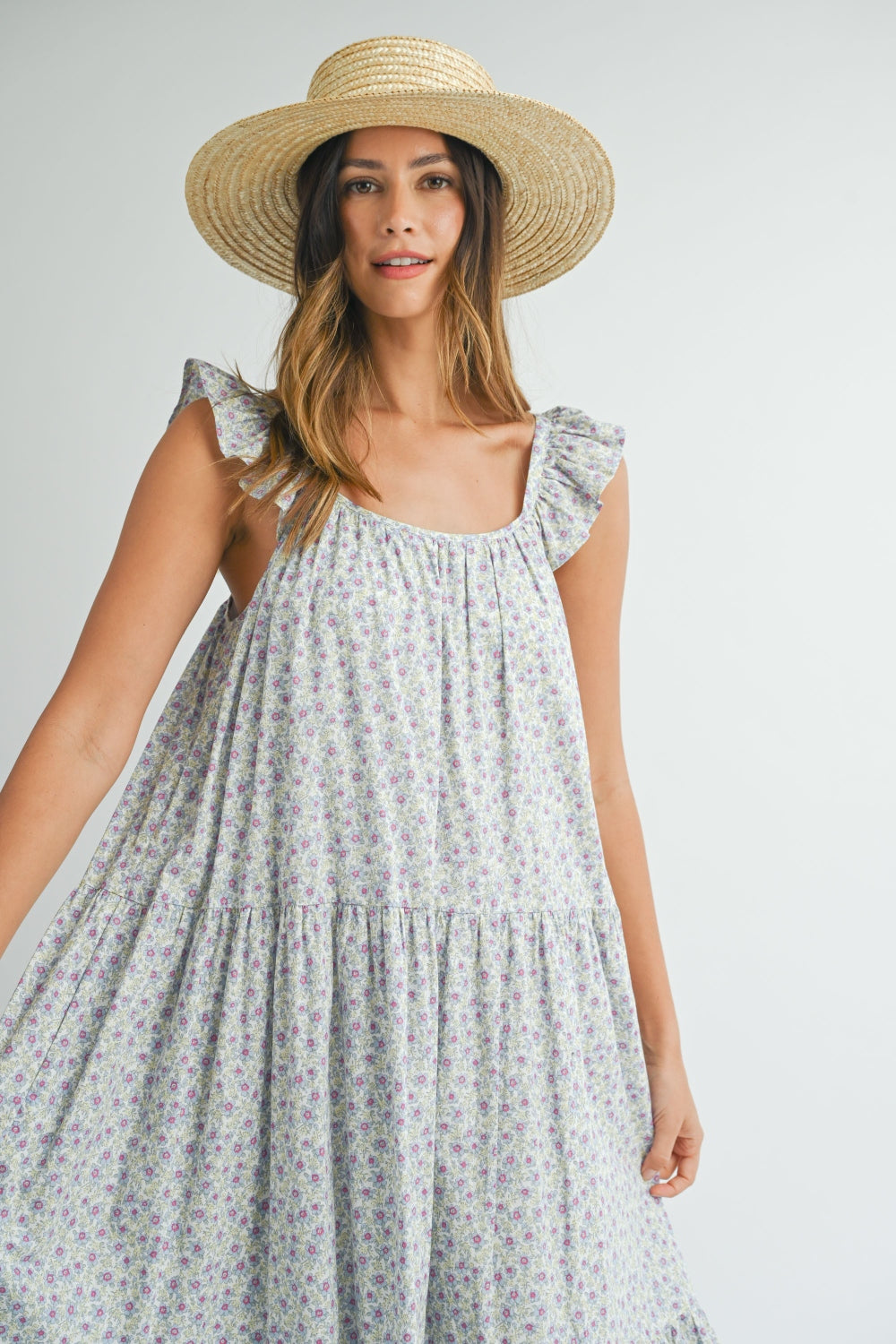 MABLE Floral Ruffle Shoulder Tiered Midi Dress, Blue / S MABLE Floral Ruffle Shoulder Tiered Midi Dress, Blue / S
