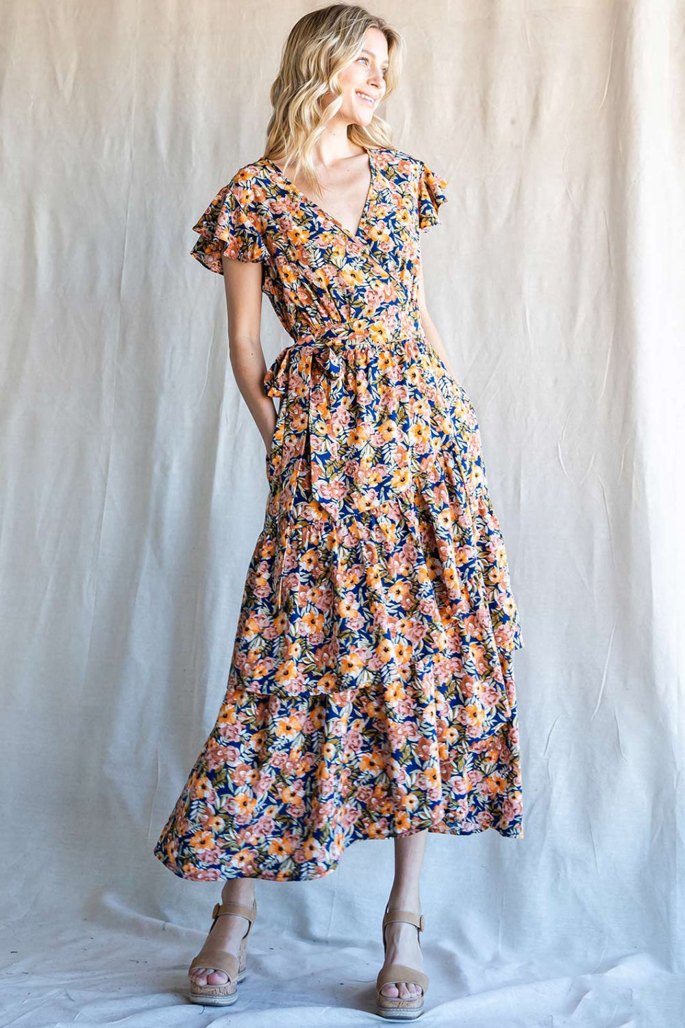 Cotton Bleu by Nu Label Floral Ruffled Midi Dress Navy / XL Cotton Bleu by Nu Label Floral Ruffled Midi Dress Navy / XL