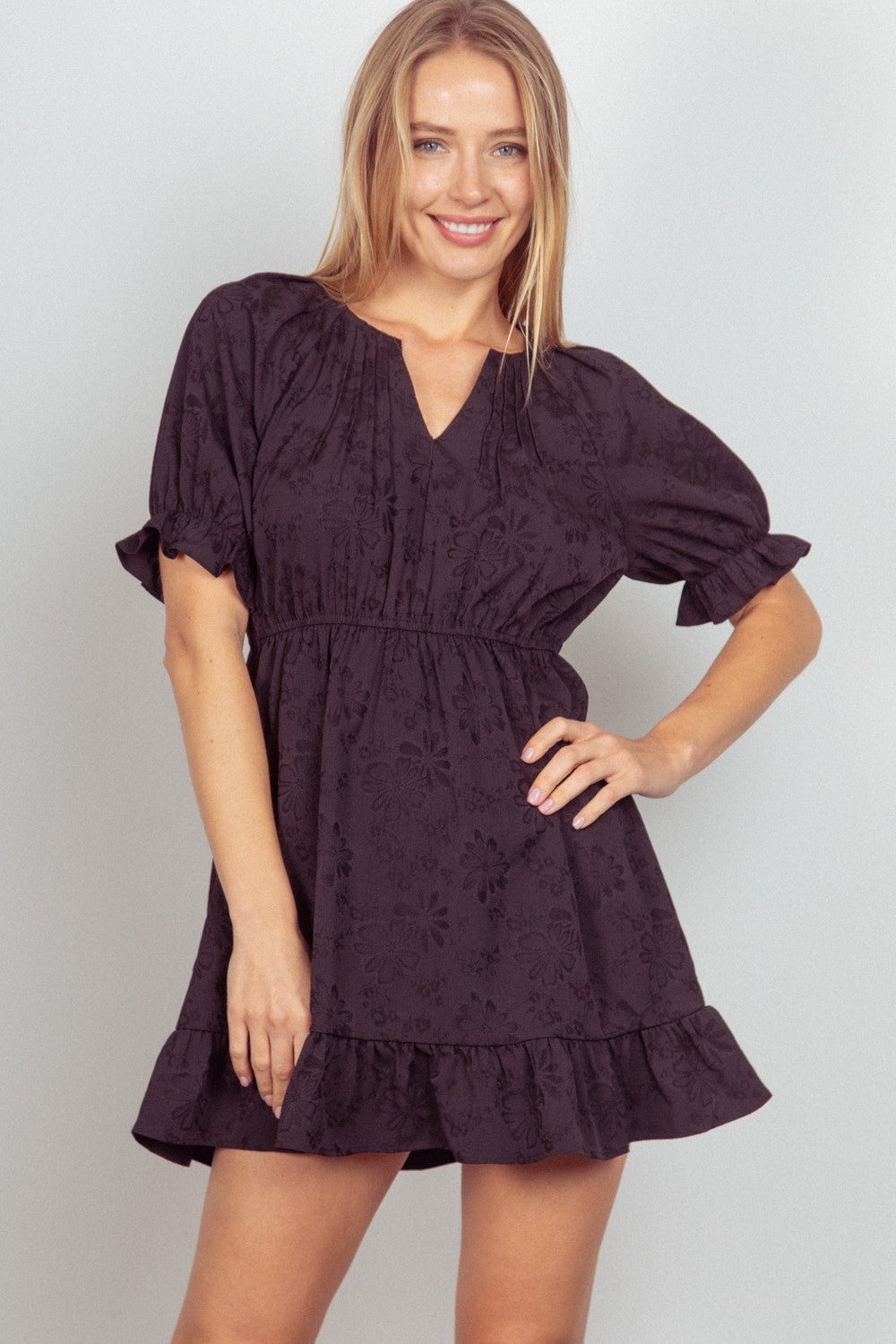 Floral Textured Ruffled Mini Dress | Very J | Elegant & Playful Style Black / M Floral Textured Ruffled Mini Dress | Very J | Elegant & Playful Style Black / M