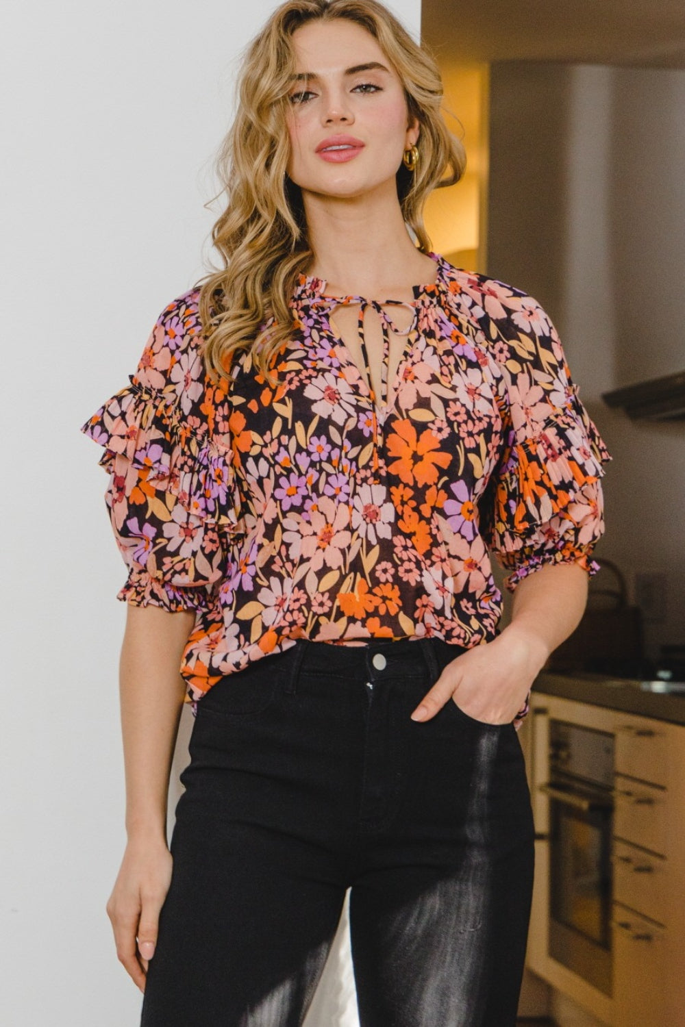 Floral Tie Neck Ruffled Blouse | Blouse - CHANELIA