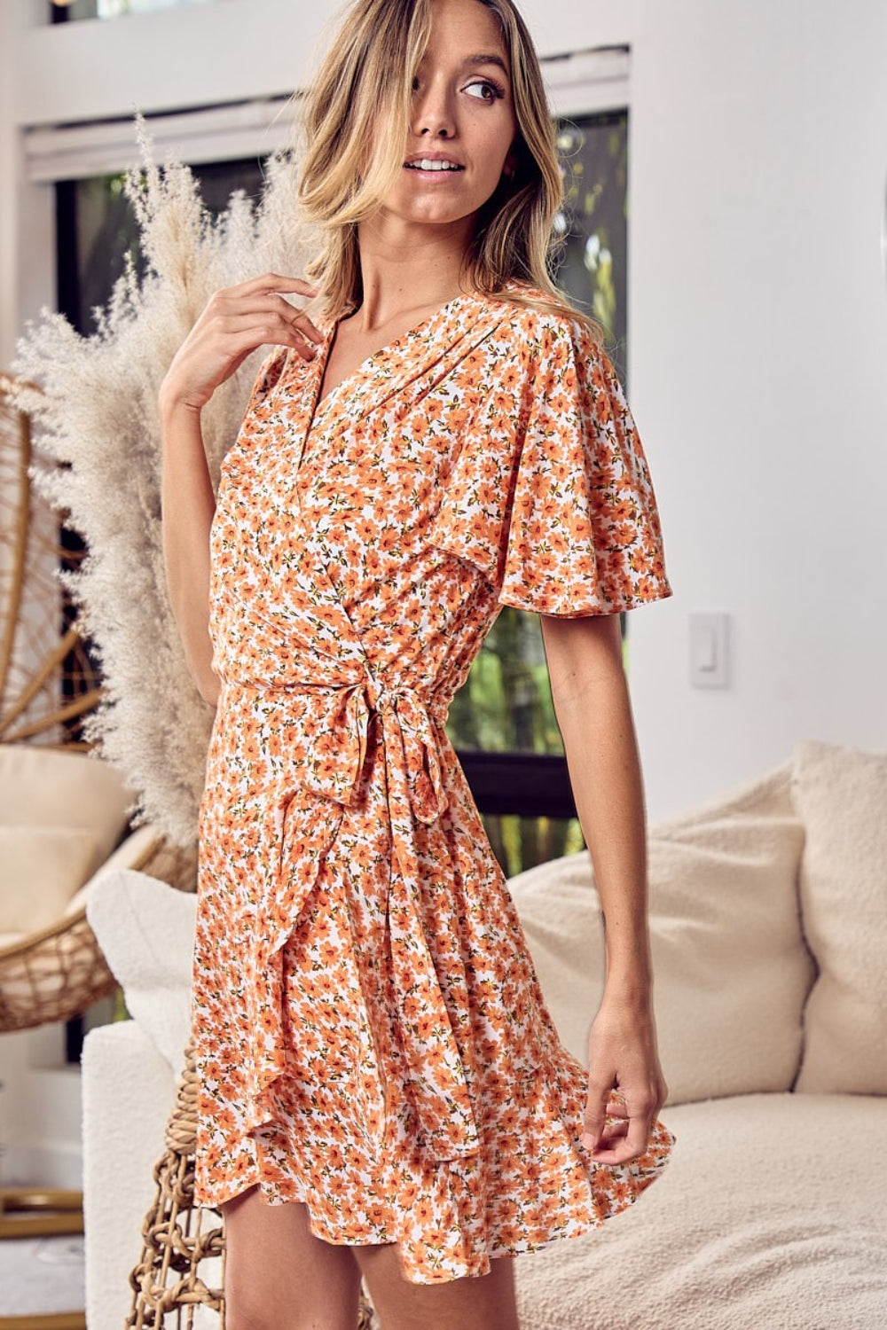 Floral Tied Short Sleeve Mini Wrap Dress | Dress - CHANELIA