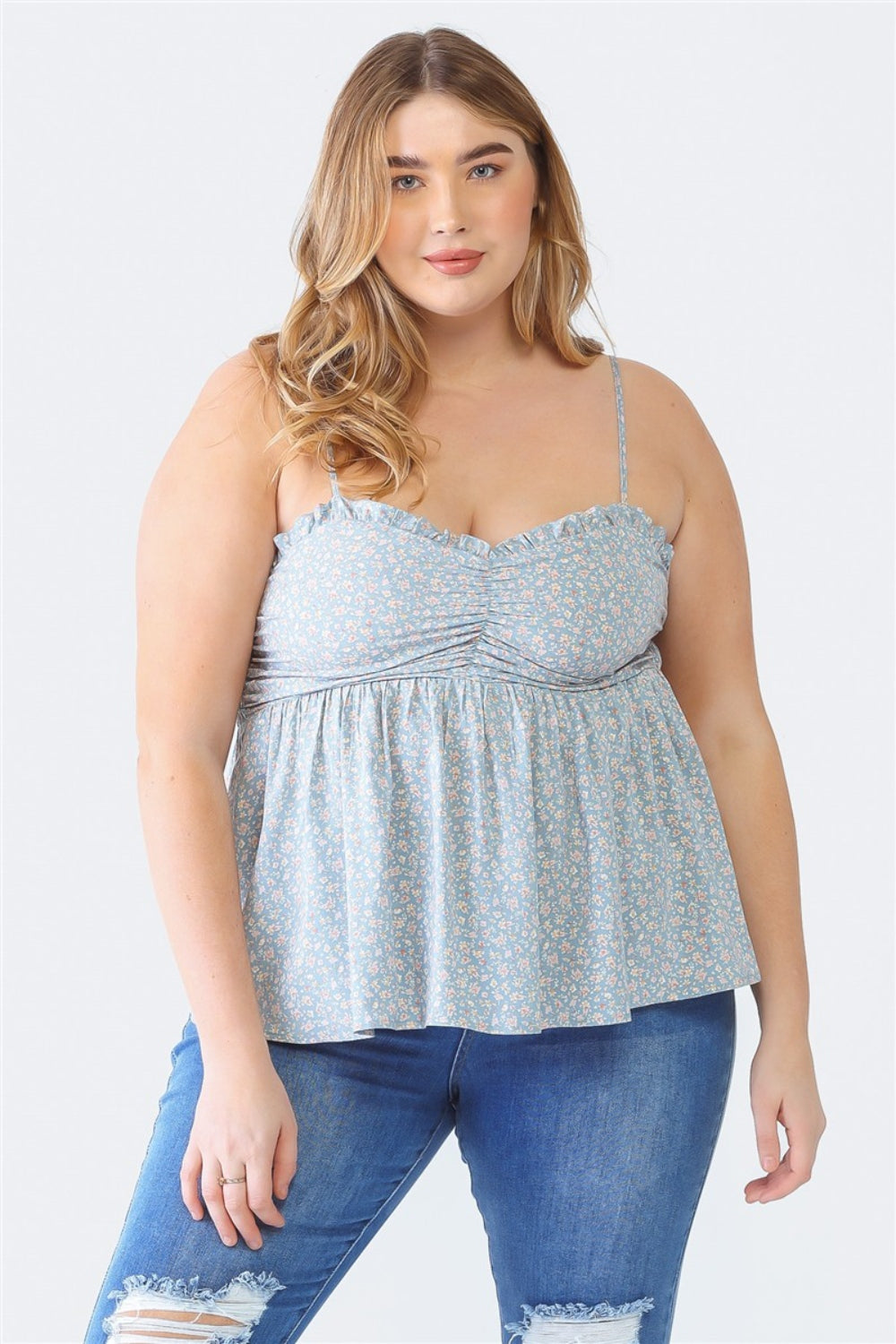 Frill Smocked Floral Sweetheart Neck Cami | Cami - CHANELIA