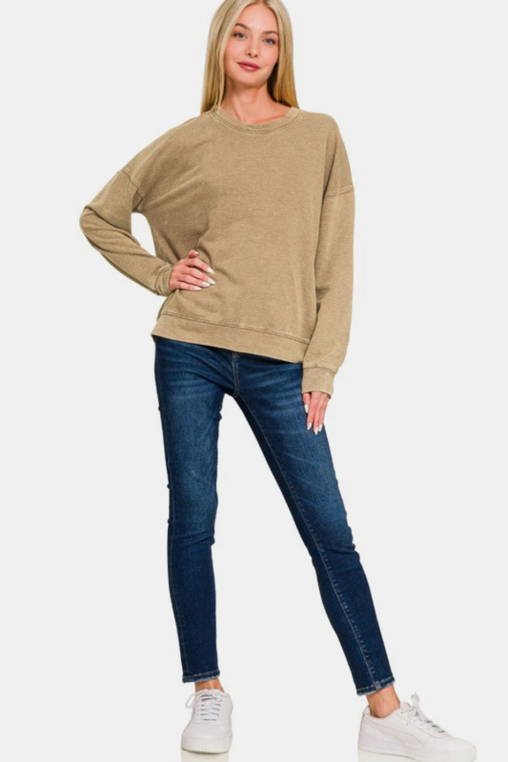 Golden Dune Luxe Pullover full outfit, casual chic with jeans.