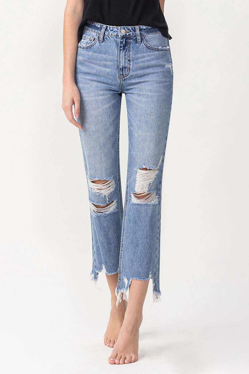 High Rise Distressed Straight Jeans | Jeans - CHANELIA