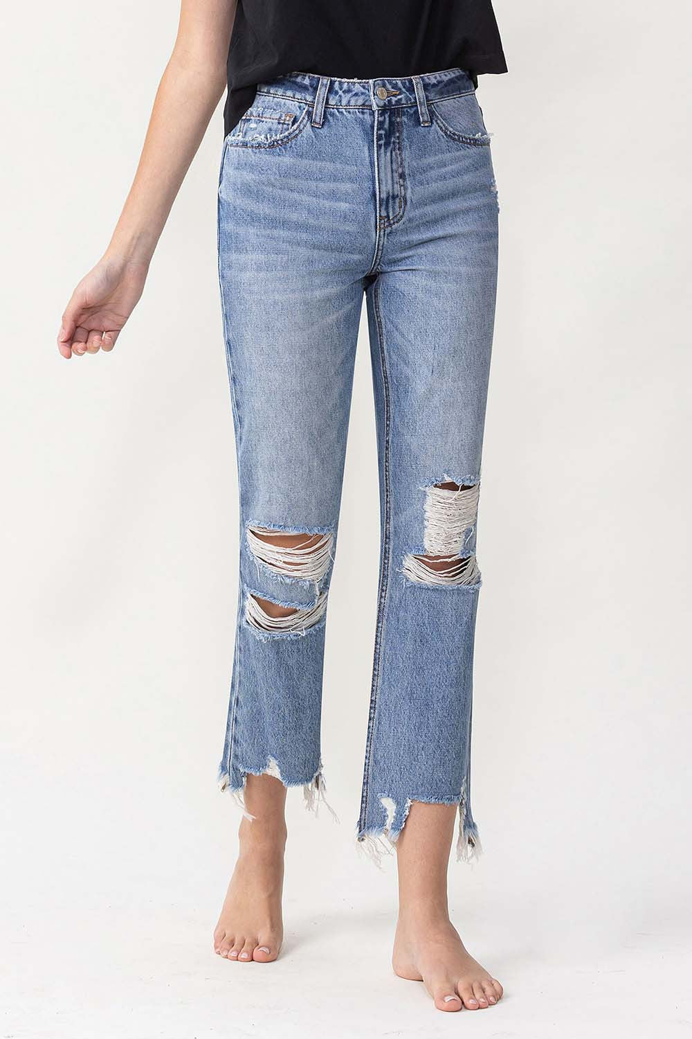 High Rise Distressed Straight Jeans | Jeans - CHANELIA