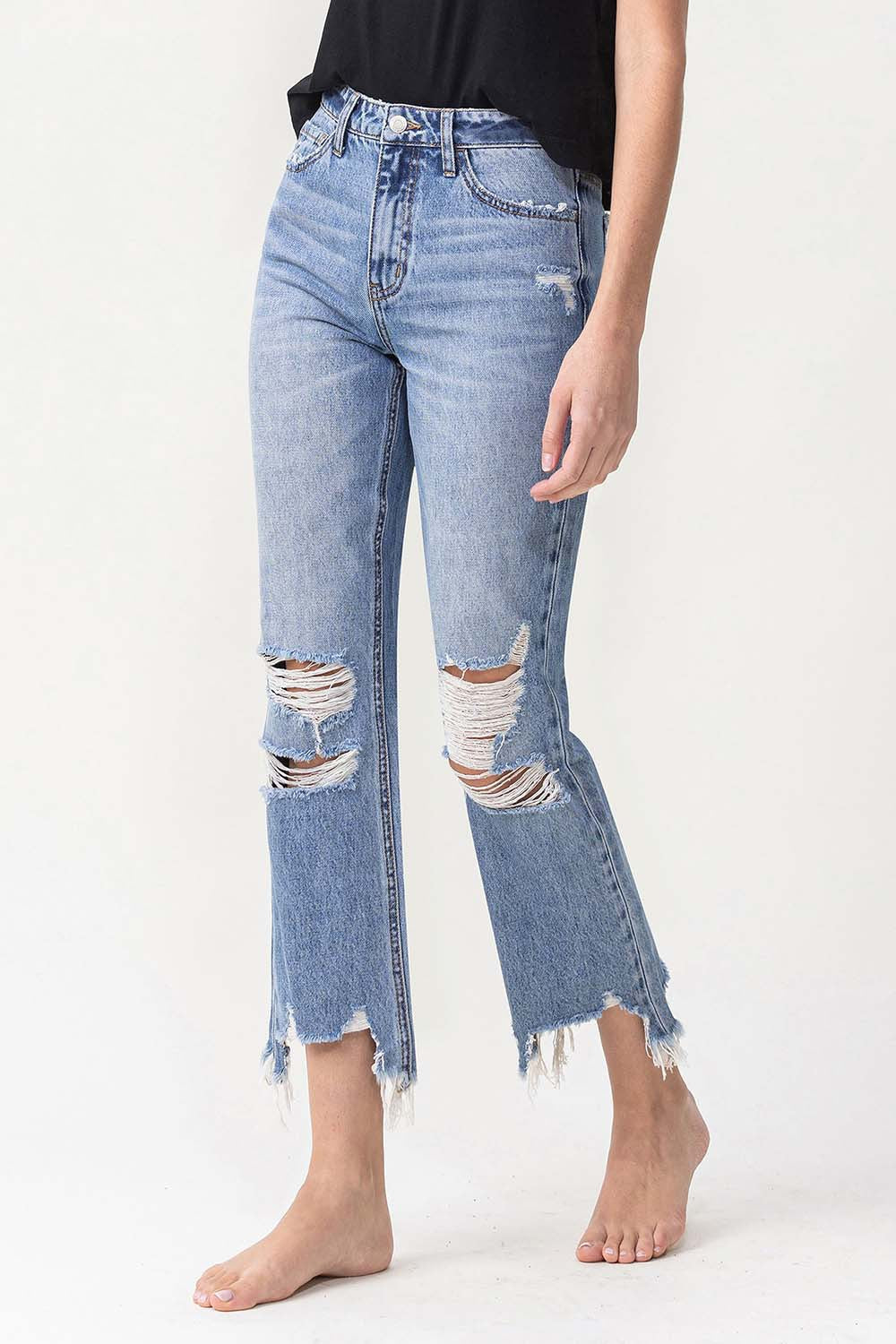 High Rise Distressed Straight Jeans | Jeans - CHANELIA