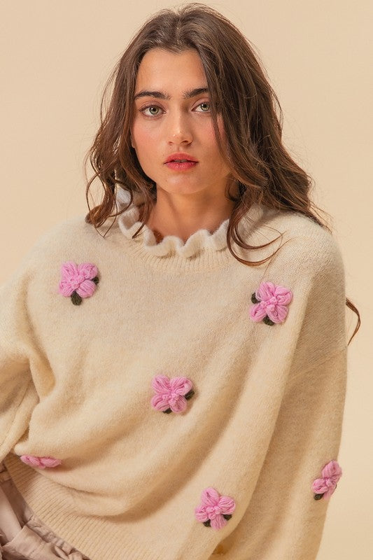 Ivory sweater with pink floral details, close-up