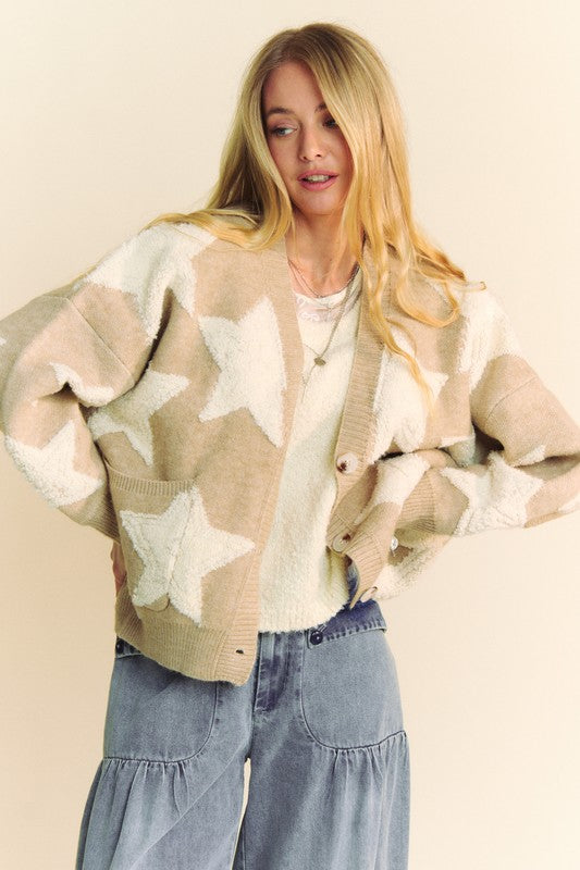 L'Étoile Fuzz Cardigan with star pattern, front view