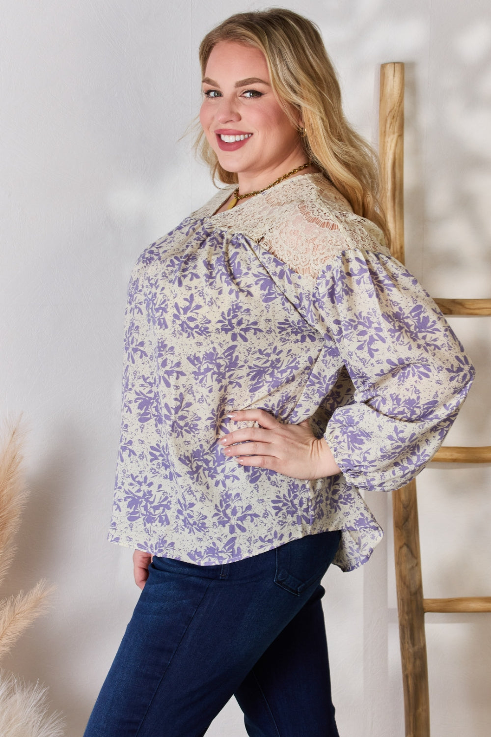 Full Size Lace Detail Printed Blouse | Blouse - CHANELIA