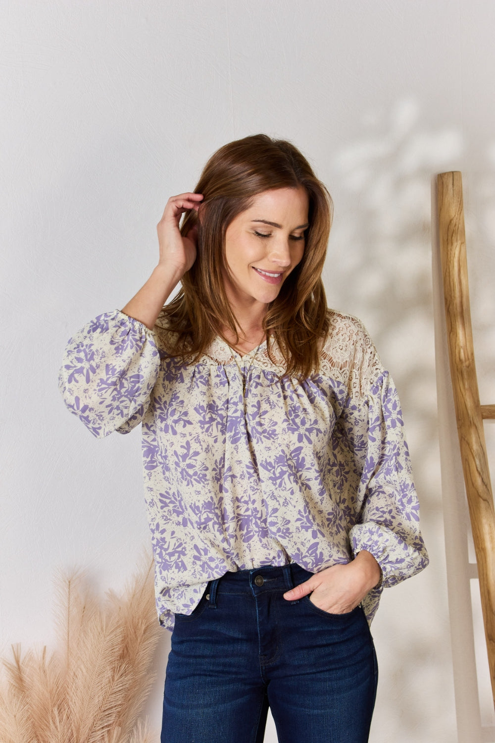 Full Size Lace Detail Printed Blouse | Blouse - CHANELIA