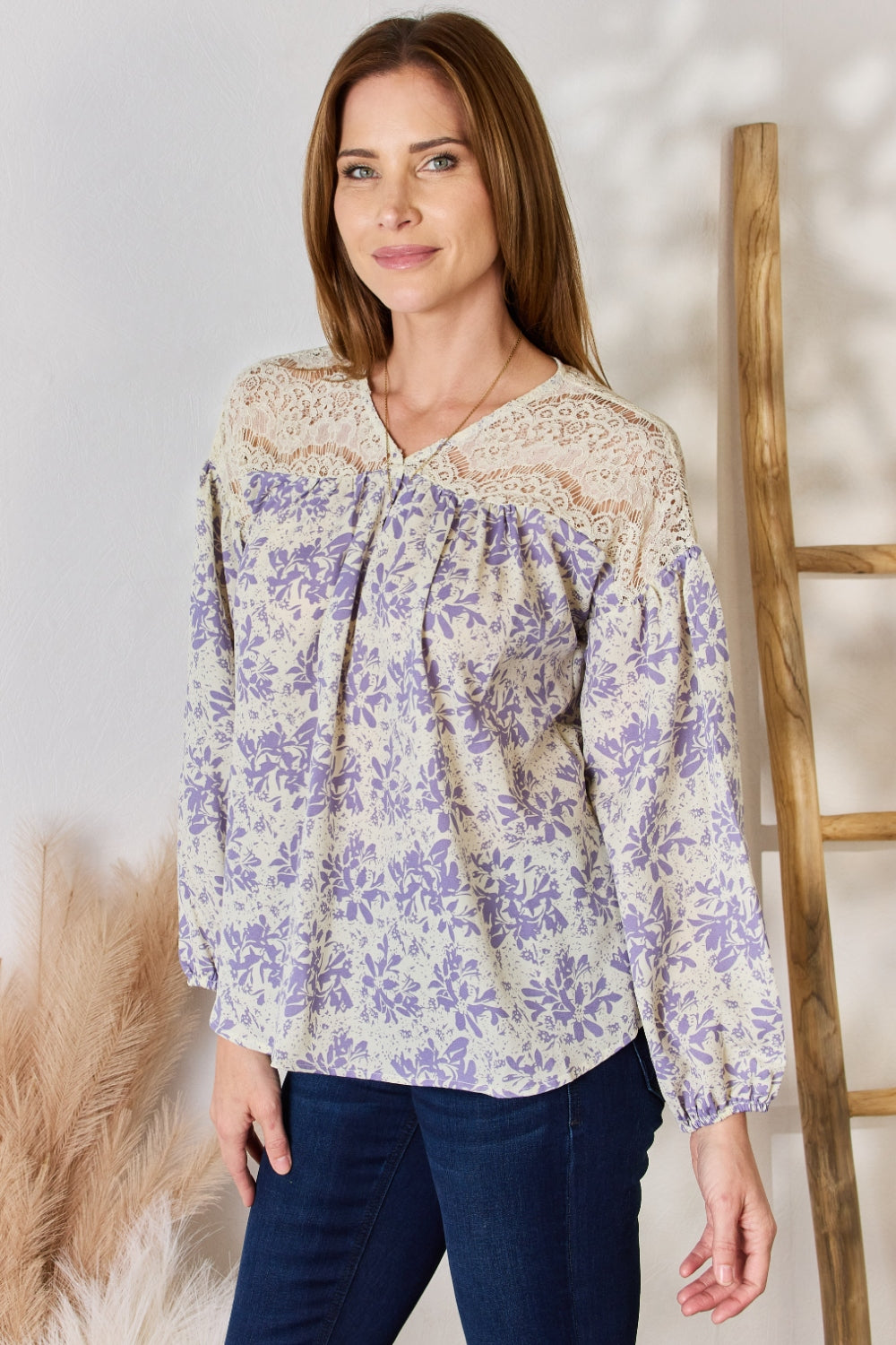 Full Size Lace Detail Printed Blouse | Blouse - CHANELIA