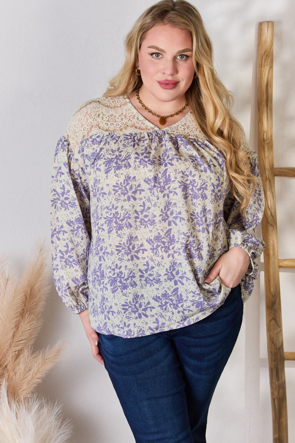 Full Size Lace Detail Printed Blouse | Blouse - CHANELIA