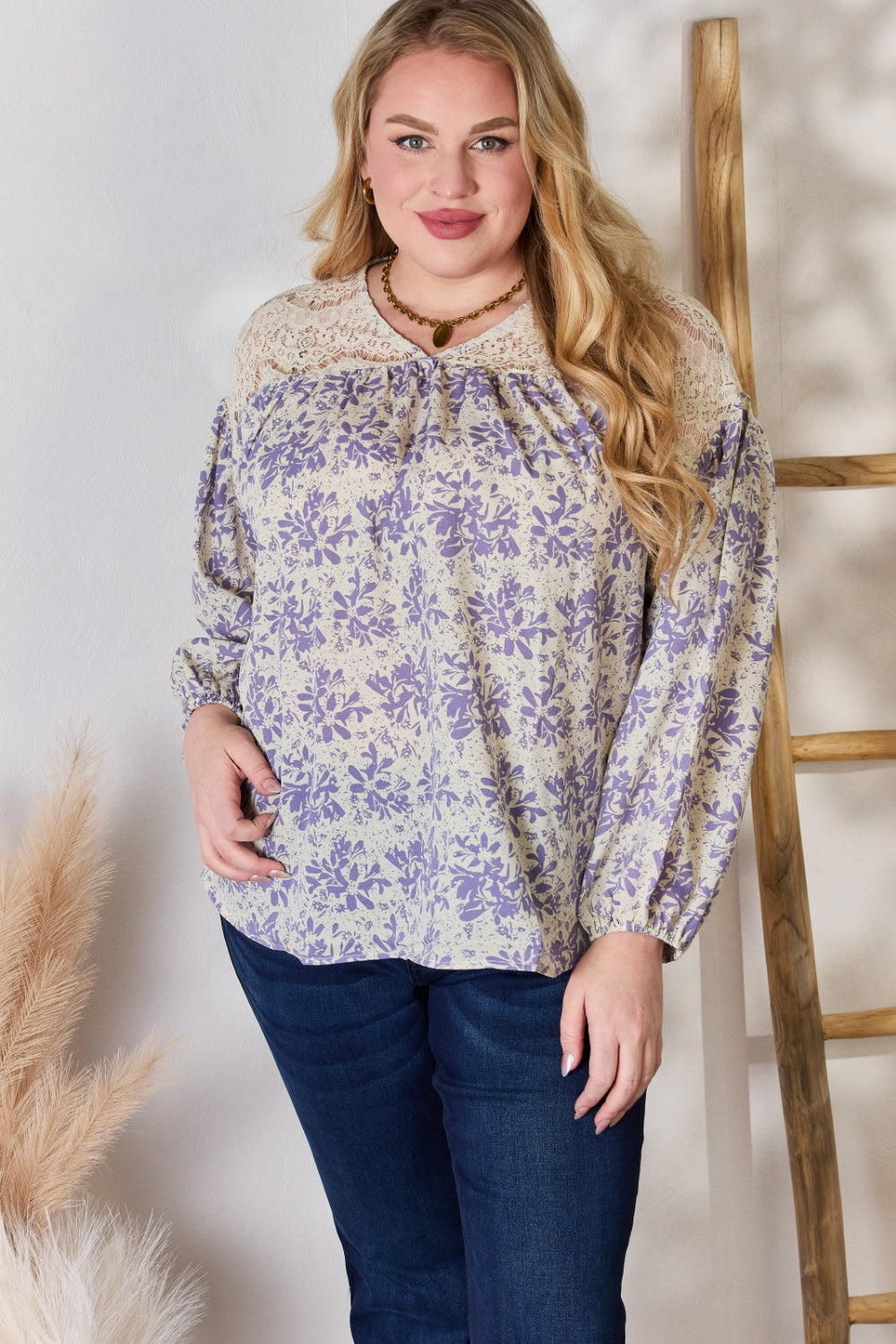 Full Size Lace Detail Printed Blouse | Blouse - CHANELIA