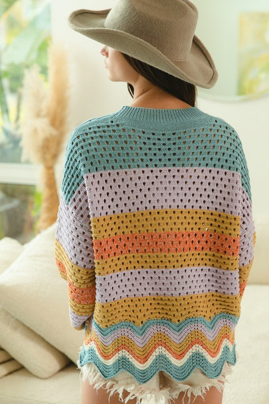 Back view of multicolored crochet sweater with wavy hem.