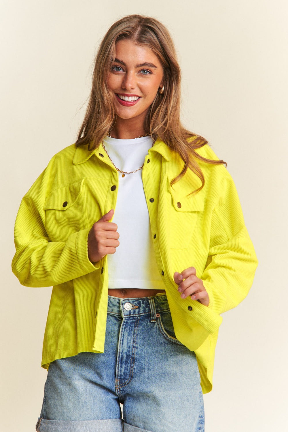 Limonette Glow Shacket in chartreuse, front view.