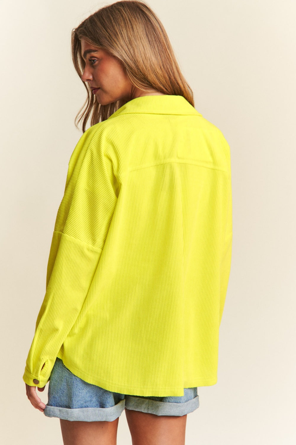 Limonette Glow Shacket in chartreuse, back view.