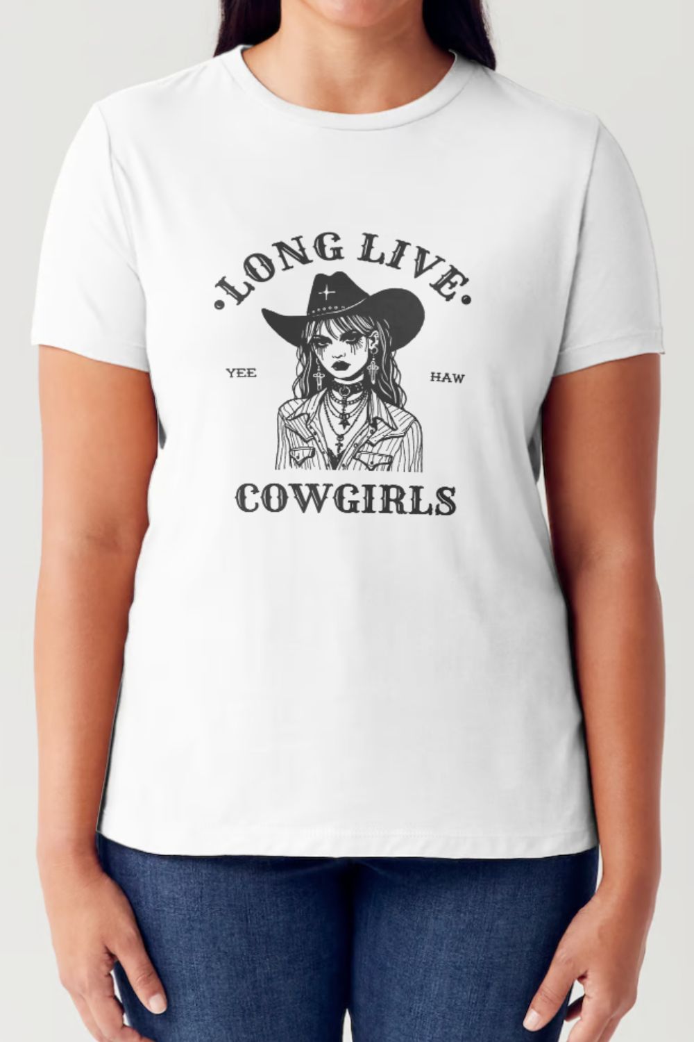 White Long Live Cowgirls Graphic Tee front view