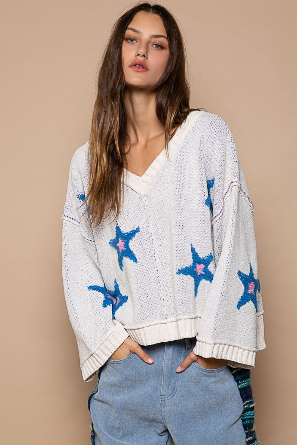 Long Sleeve Star Patch Sweater front view