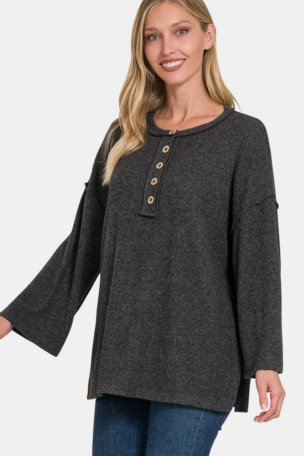 Lucentia Knit Button Top, front view, oversized black top