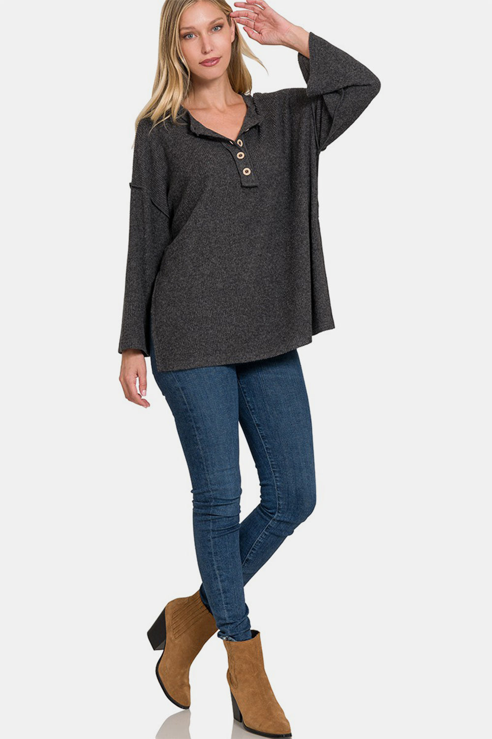 Lucentia Knit Button Top, styled with jeans and boots