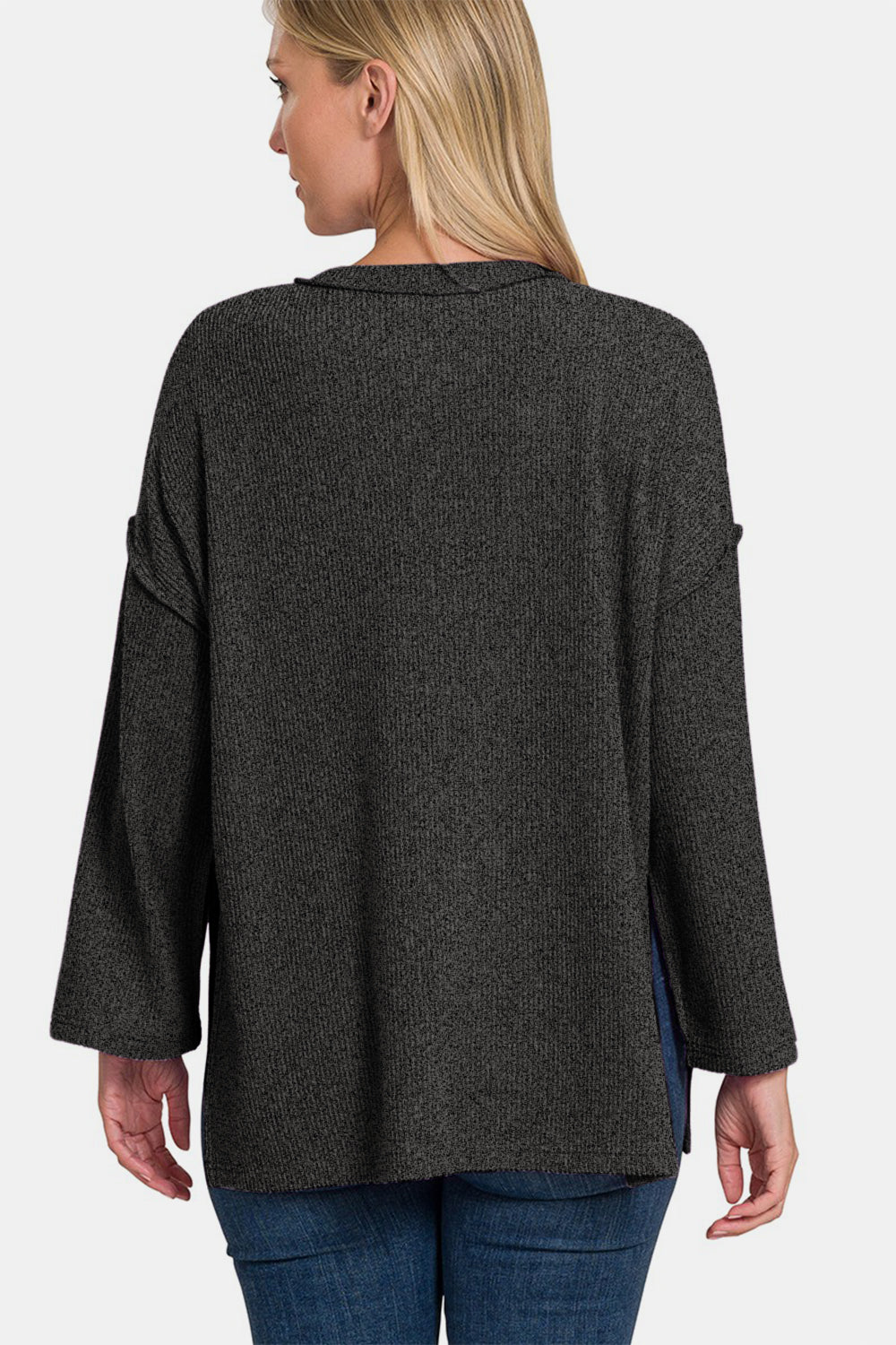 Lucentia Knit Button Top, back view, oversized black top