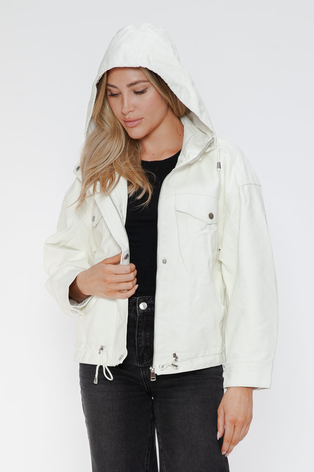 White hooded PU leather jacket with drawstring hem