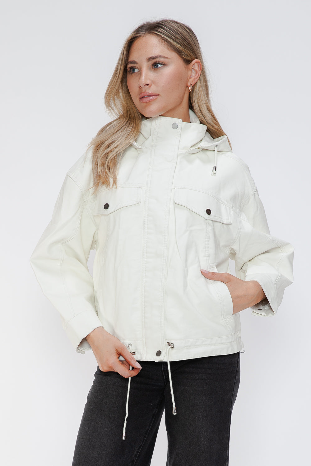 White PU leather jacket with drawstring hem, front view