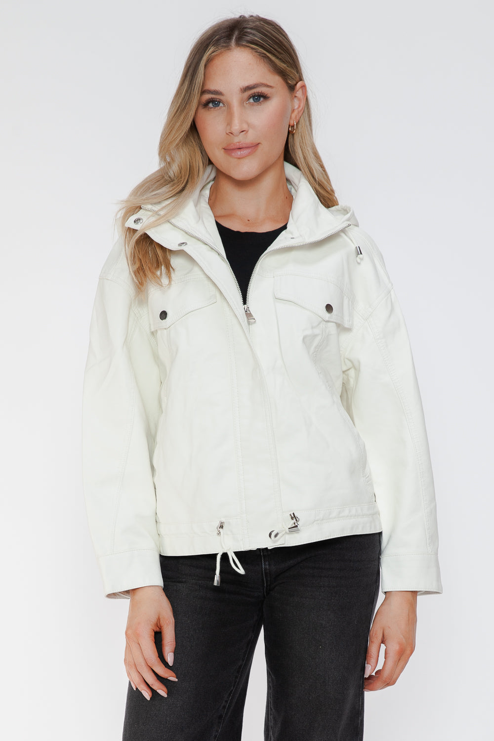 White PU leather jacket with drawstring hem, zipped up