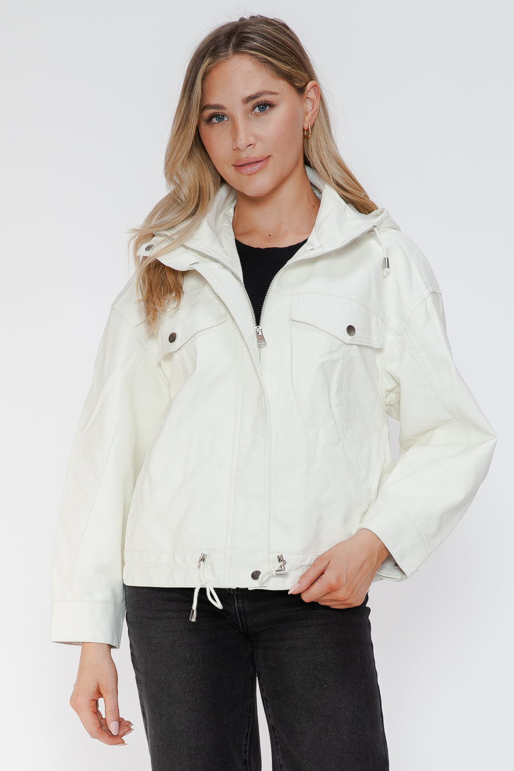 White PU leather jacket with drawstring hem, buttoned