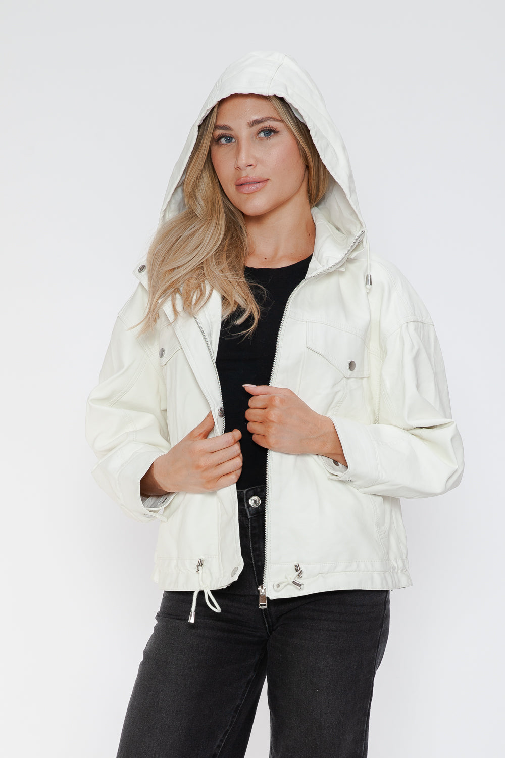 White PU leather jacket with drawstring hem, open