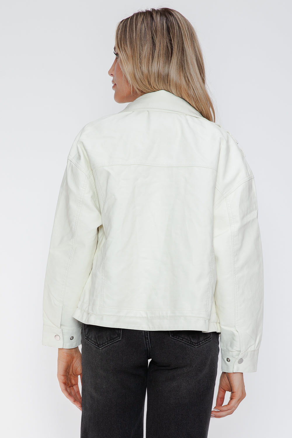 White PU leather jacket with drawstring hem, back view